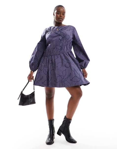 ASOS DESIGN Curve - Asymmetrische gerimpelde mini jurk met kronkelende bloemenprint in blauw - view 1