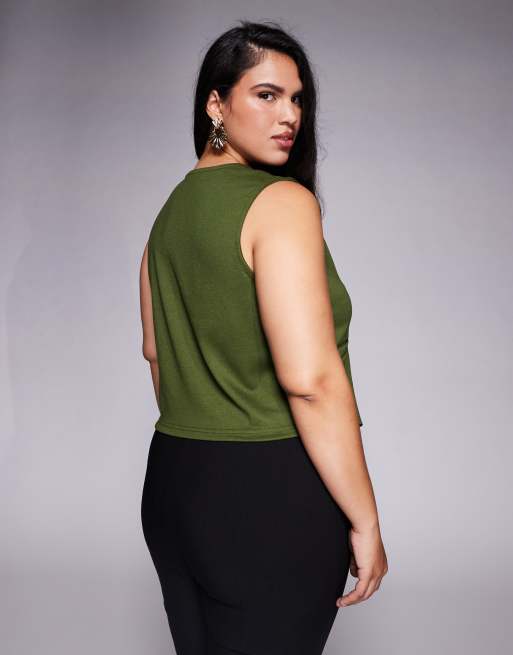 ASOS DESIGN Curve - Asymmetrische gilettop van jersey in olijfgroene keperstof, 4 van 4
