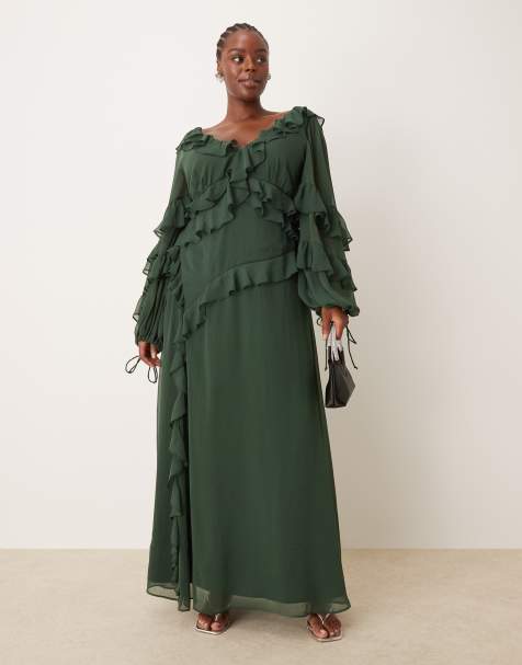 ASOS DESIGN Curve - Asymmetrische maxi-jurk met lange mouwen en ruches in bosgroen - view 1