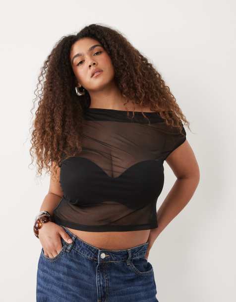 ASOS DESIGN Curve - Asymmetrische top van doorschijnend mesh met rimpeleffect en blote schouder in zwart - view 1