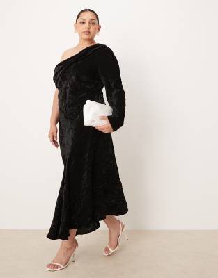 ASOS DESIGN Curve - Asymmetrisches, drapiertes Samt-Maxikleid in Schwarz