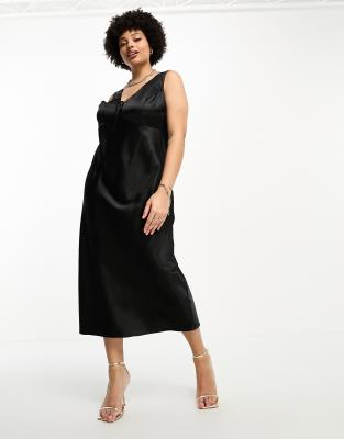 ASOS DESIGN Curve - Asymmetrisches Satin-Midikleid in Schwarz mit Schnürdetail