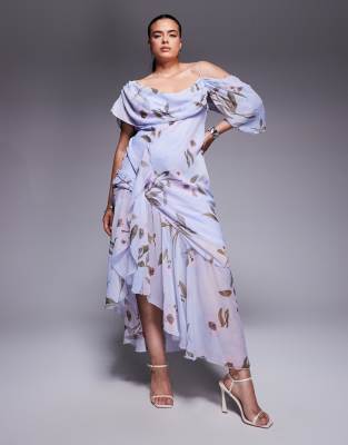 ASOS DESIGN Curve - Asymmetrisches, wadenlanges Kleid in Blau mit Wasserfallausschnitt, asymmetrischem Schößchen und Blu...