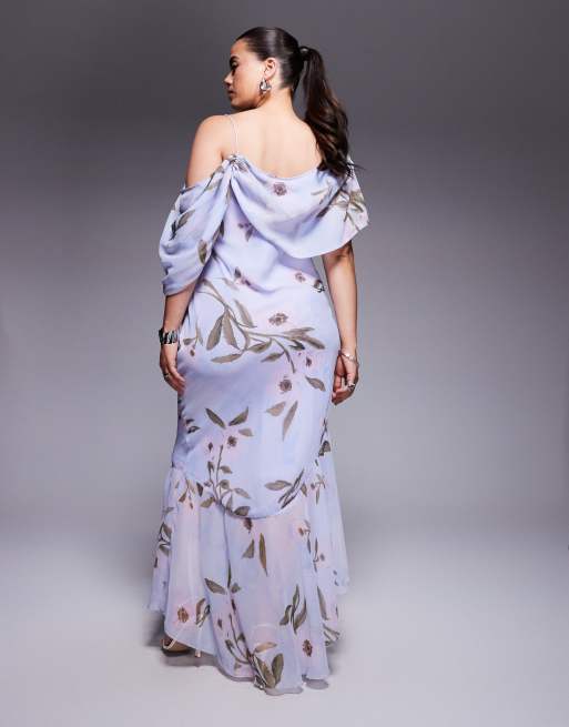ASOS DESIGN Curve – Asymmetrisches, wadenlanges Kleid in Blau mit Wasserfallausschnitt, asymmetrischem Schößchen und Blumenprint, 3 von 4