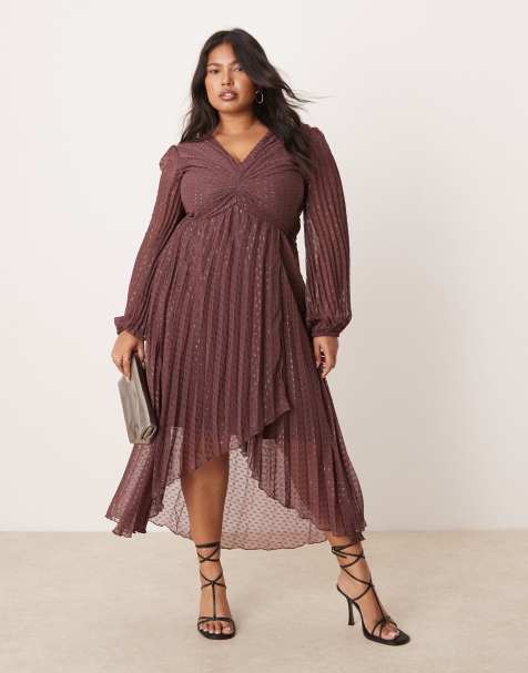 ASOS DESIGN Curve – Auberginefärgad, metallisk midiklänning i dobbyväv med veck och omlottdesign - view 1