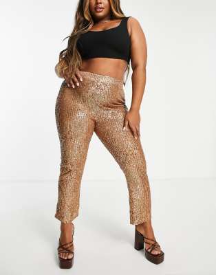 Thumbnail - ASOS DESIGN Curve - Ausgestellte Jersey-Anzughose mit Paillettenbesatz in Roségold-Goldfarben