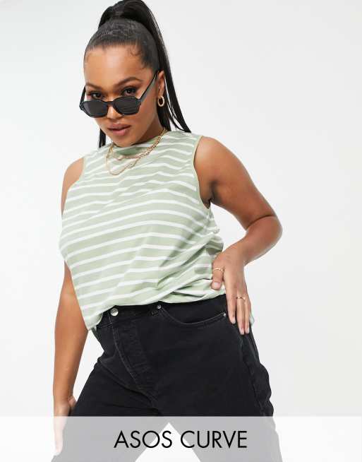 ASOS DESIGN Curve – Ausgestelltes Trägertop mit Streifenmuster in Salbeigrün