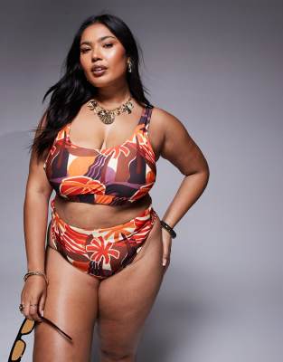ASOS DESIGN Curve - Ava - Bikinihose mit hohem Bund, hohem Beinausschnitt und tropischem Muster-Bunt