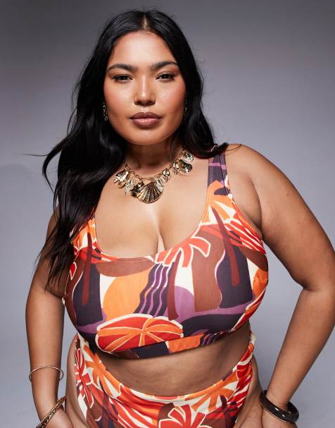 ASOS DESIGN curve ava cropped bikini top in tropical print - view 1