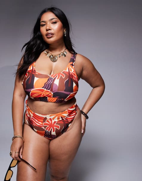 ASOS DESIGN Curve – Ava – Tropiskt mönstrad bikiniunderdel med hög midja och hög benskärning - view 1