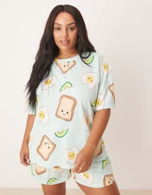 ASOS DESIGN Curve avocado egg on toast oversized tee and shorts pajama set in green-Multi