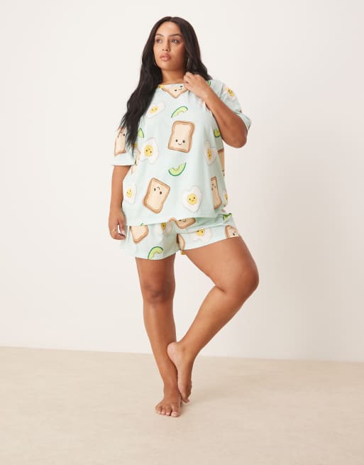 ASOS DESIGN Curve avocado egg on toast oversized tee and shorts pajama set in green