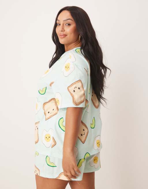 ASOS DESIGN Curve avocado egg on toast oversized tee and shorts pajama set in green