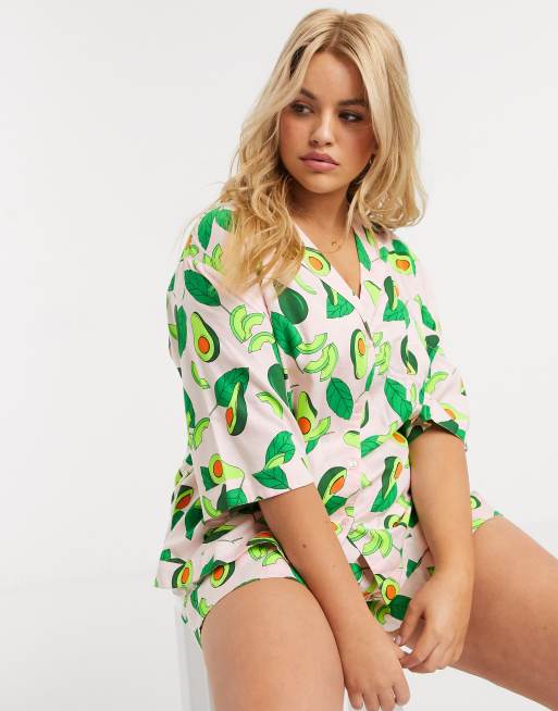 ASOS DESIGN Curve avocado print modal shirt short pyjama set