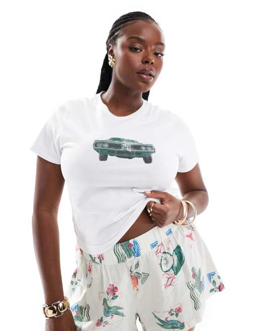 ASOS DESIGN Curve - Baby T-shirt met vintage autoprint in wit