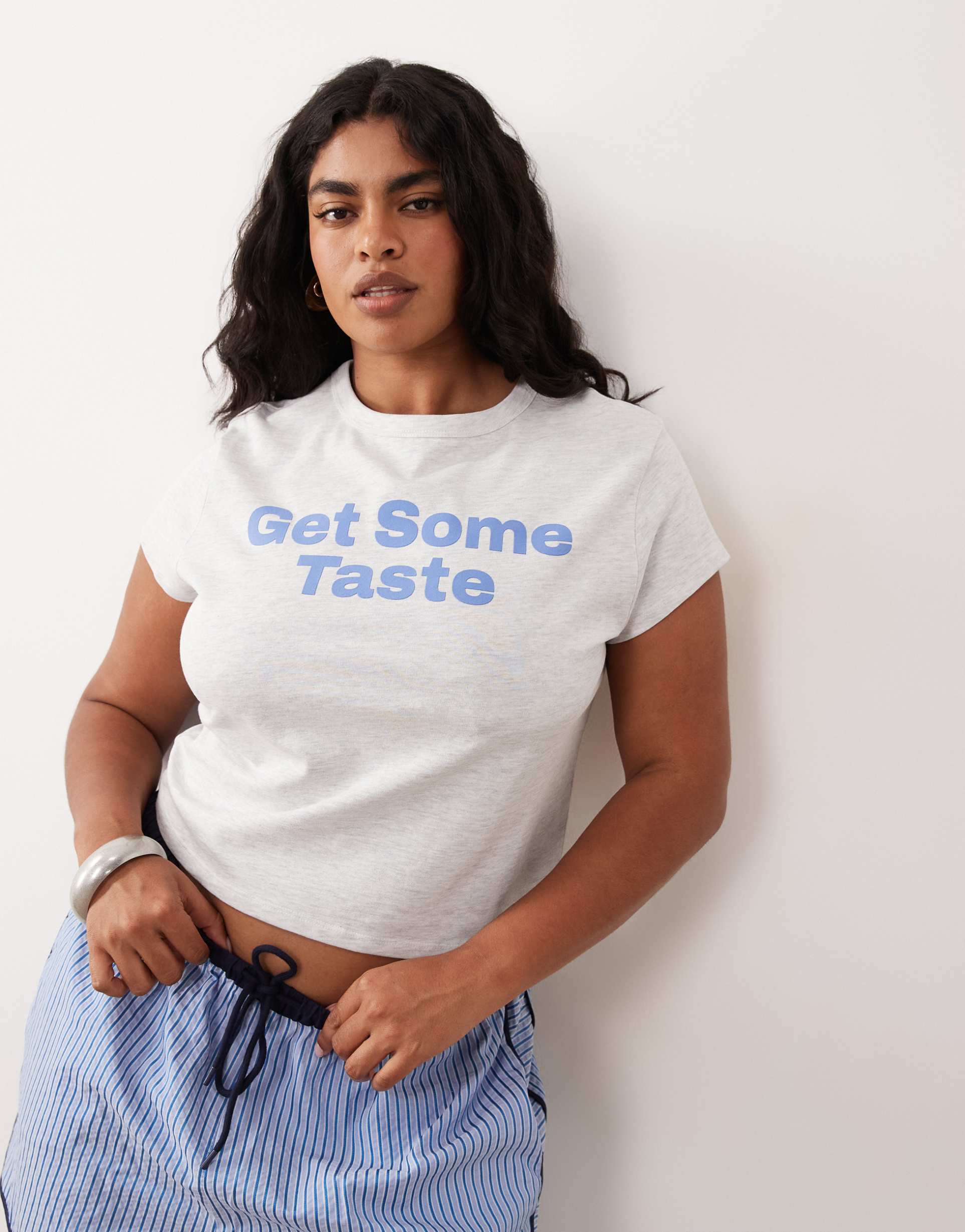 asos design curve baby tee with contrast get some taste slogan in ice heather