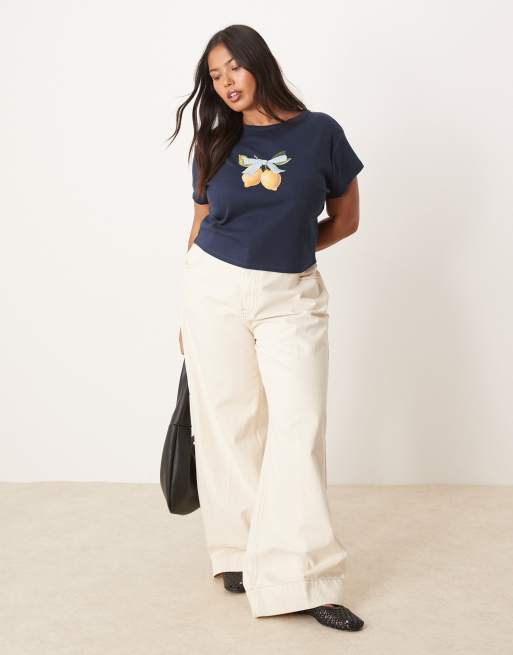 ASOS DESIGN Curve baby tee with gingham lemon graphic in navy, 2 of 4