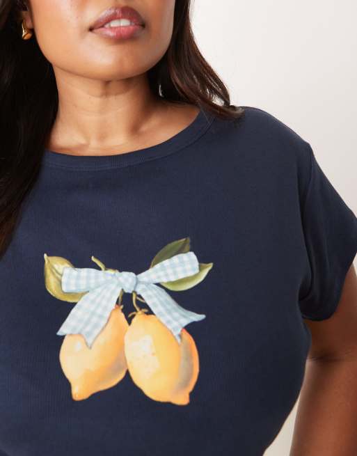 ASOS DESIGN Curve baby tee with gingham lemon graphic in navy, 3 of 4