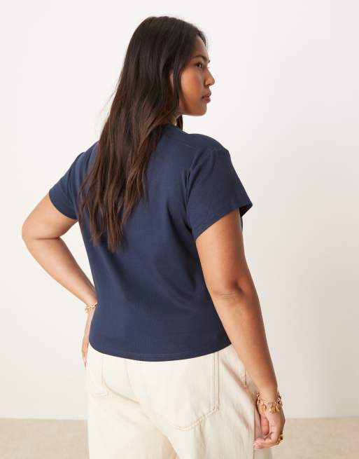 ASOS DESIGN Curve baby tee with gingham lemon graphic in navy, 4 of 4
