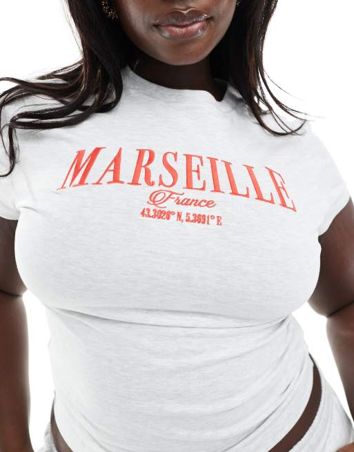 ASOS DESIGN Curve baby tee with Marseille embroidered graphic in ice heather, 3 of 4