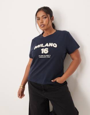 Asos Curve Asos Design Curve Baby Tee With Milano Chenille Graphic In Blue