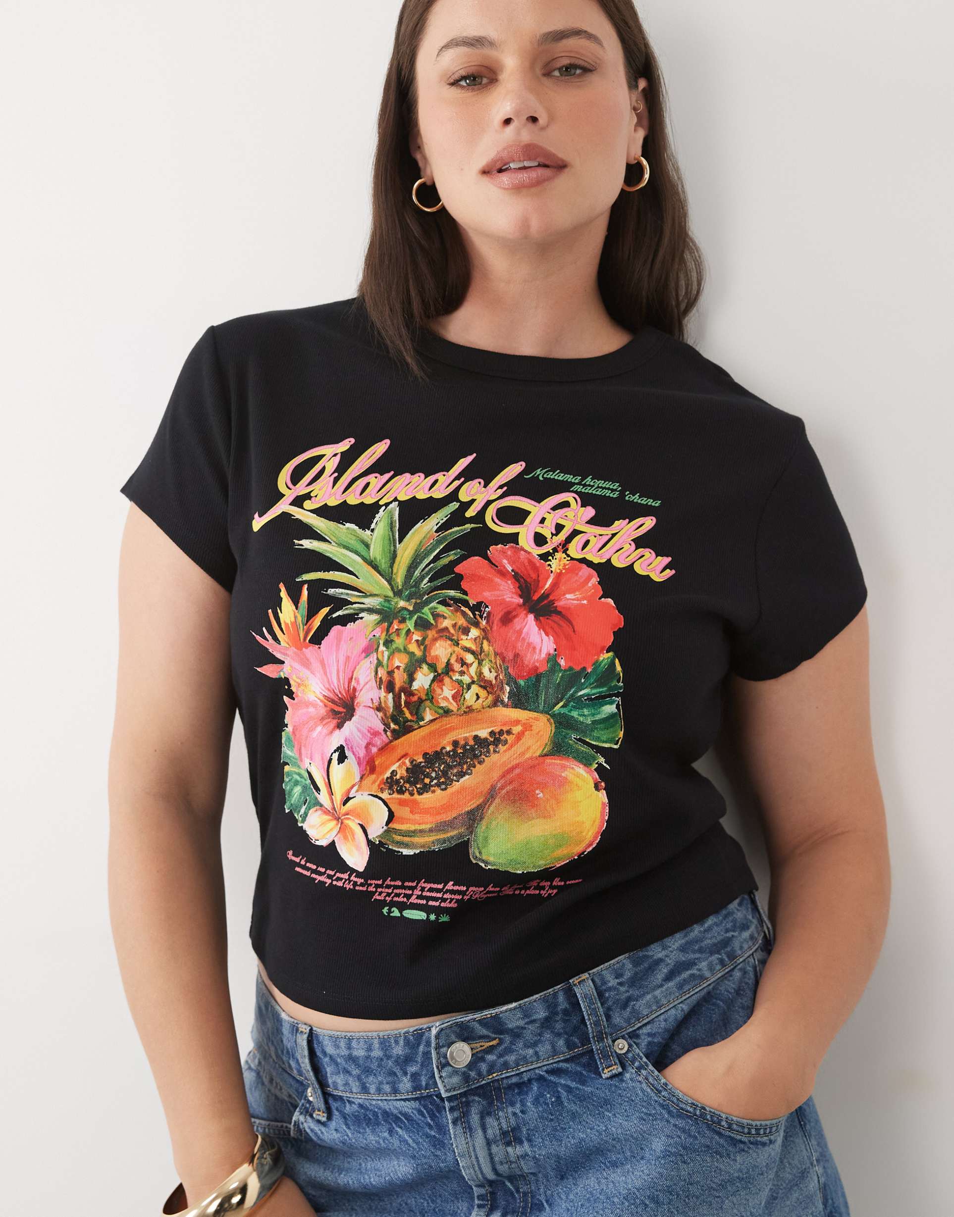 asos design curve baby tee with oahu tropical fruit graphic in black