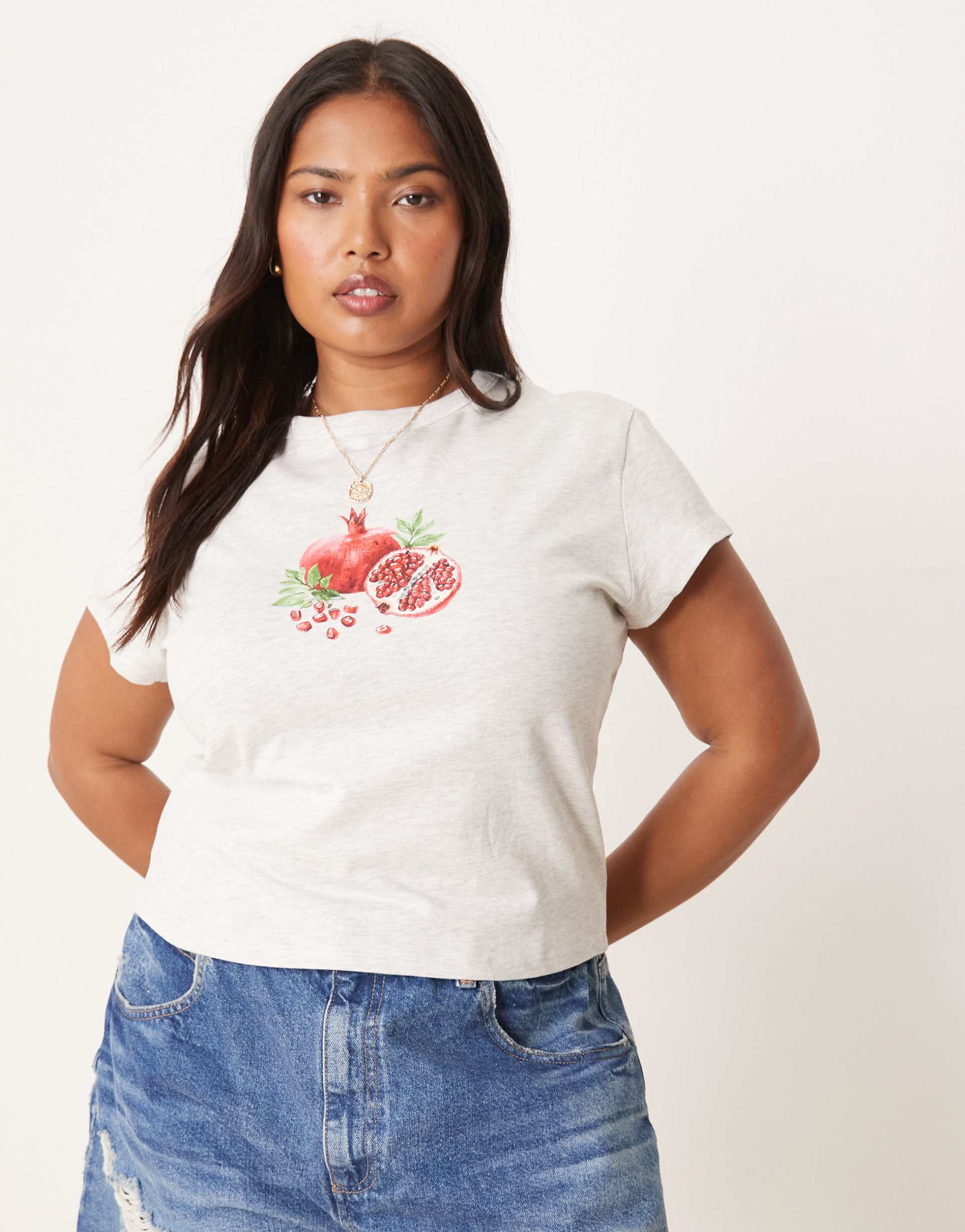 asos design curve baby tee with pomegranate fruit graphic in ice heather