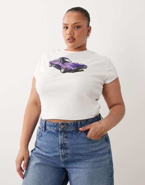 ASOS DESIGN Curve Baby tee with purple car graphic in white - view 1