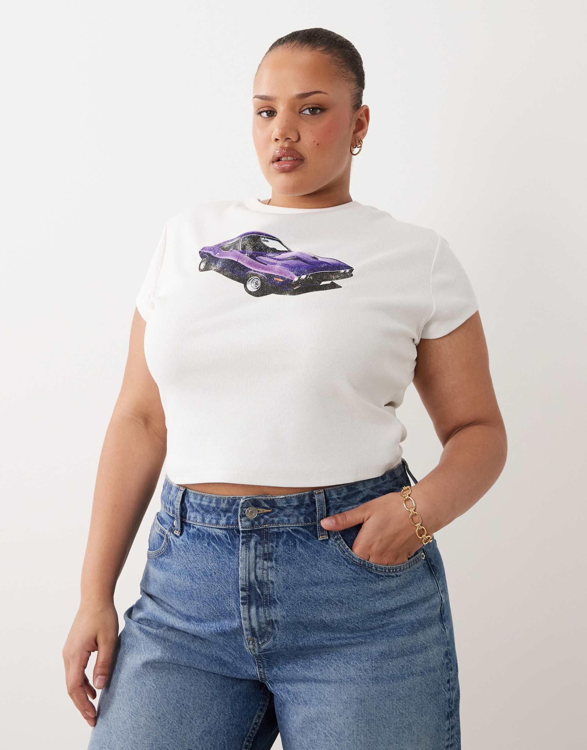 asos design curve baby tee with purple car graphic in white