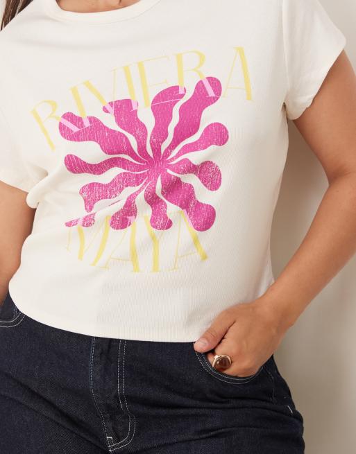 ASOS DESIGN Curve baby tee with purple flower graphic in cream, 4 of 4