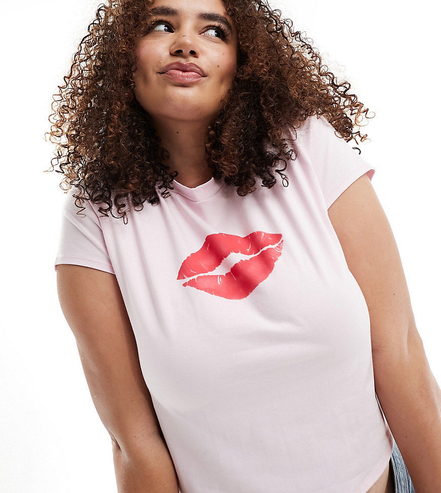 ASOS DESIGN Curve baby tee with red kiss graphic in pink