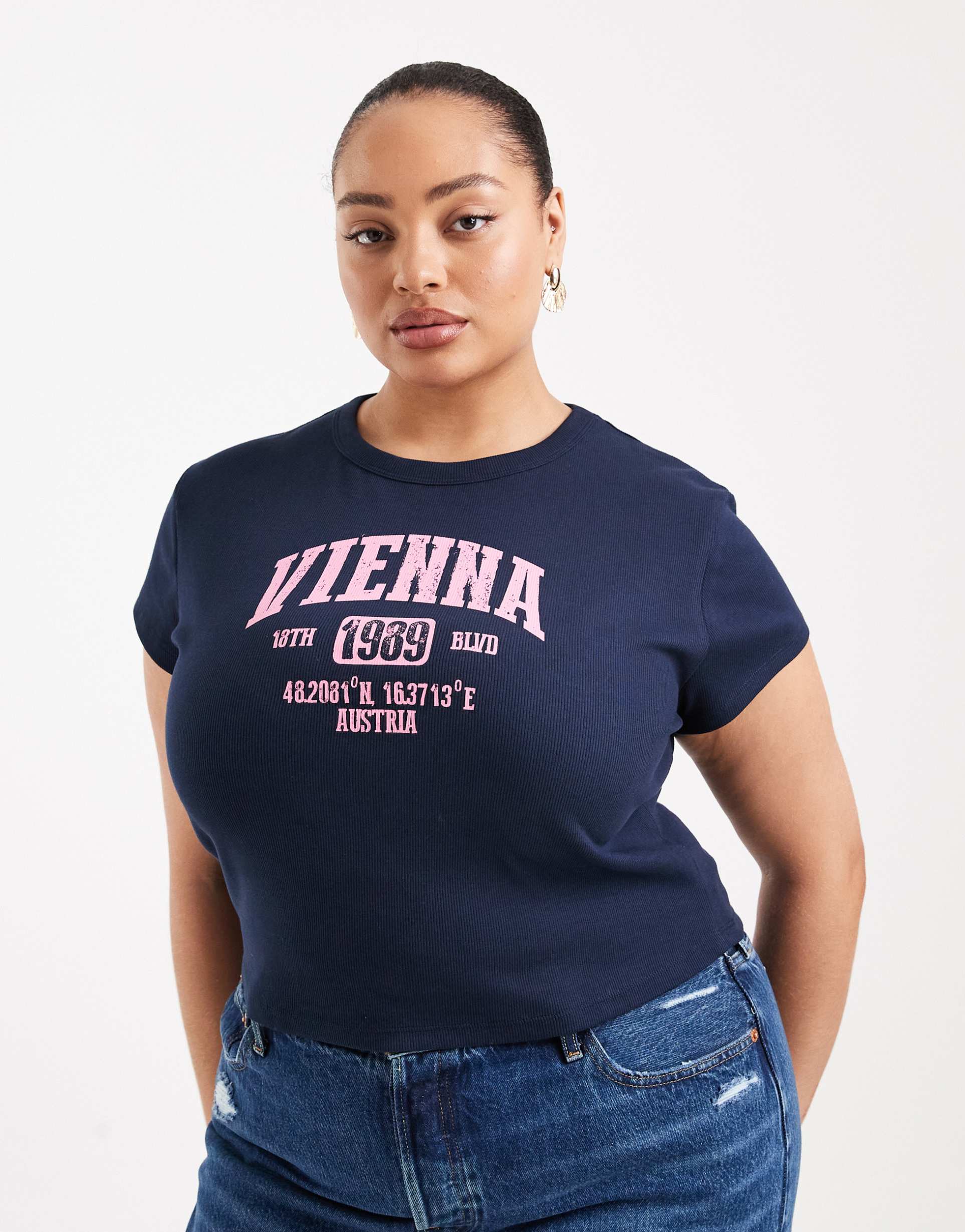 asos design curve baby tee with vienna graphic in navy