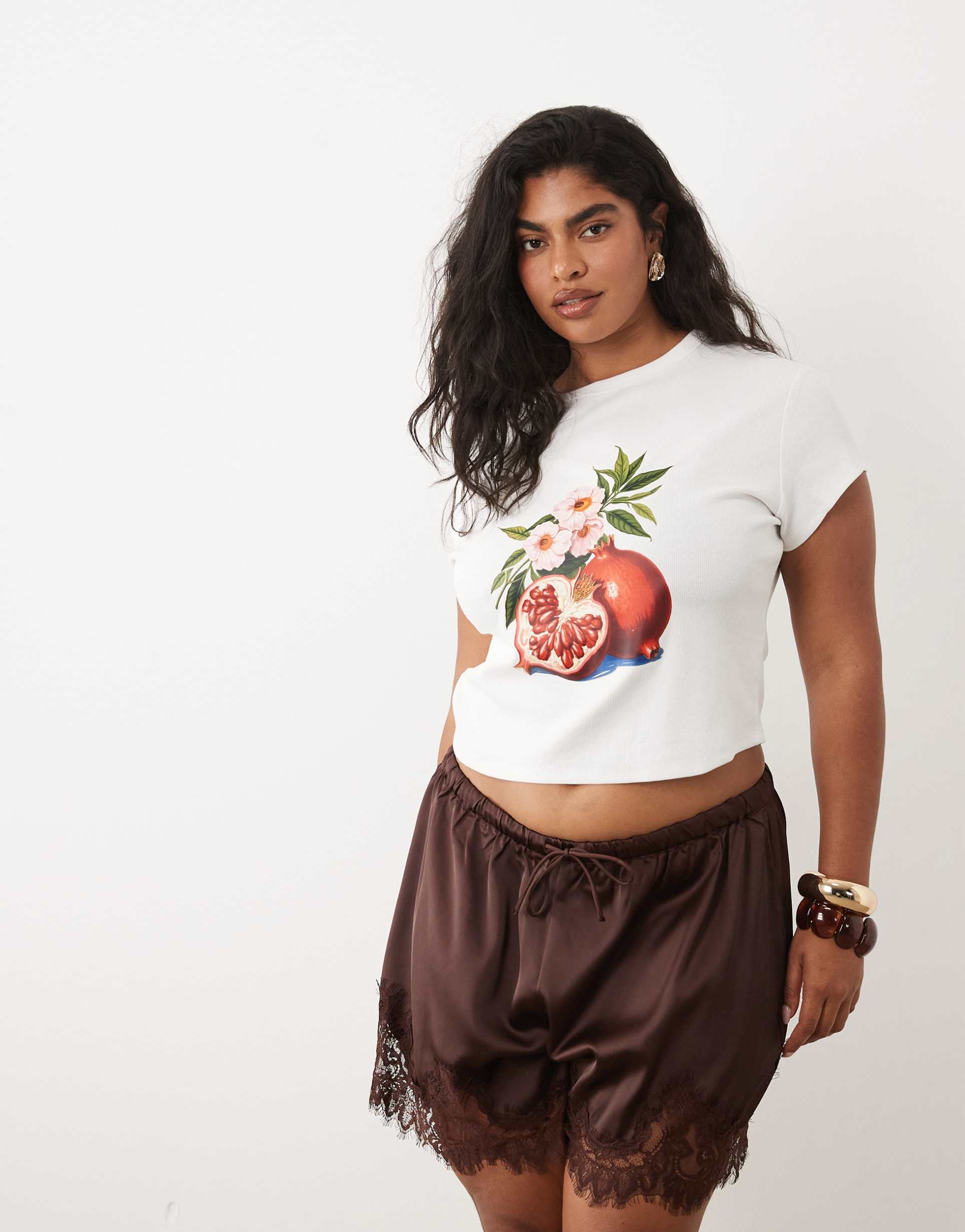 asos design curve baby tee with vintage pomegranate graphic in white