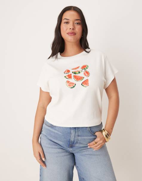ASOS DESIGN Curve baby tee with watermelon fruit graphic in cream - view 1