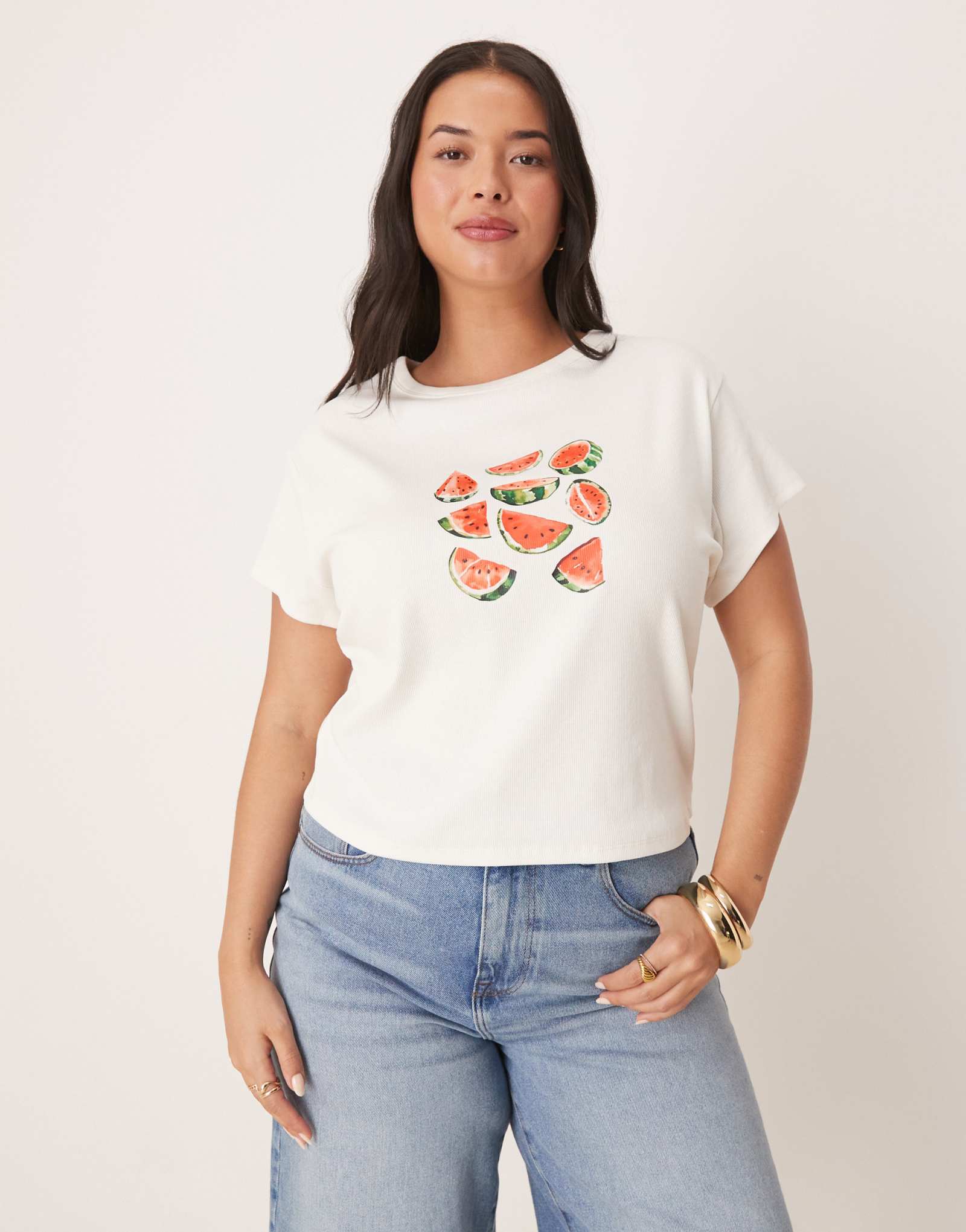 Детская футболка ASOS DESIGN Curve с рисунком арбузных фруктов кремового цвета