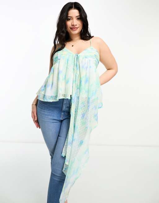 ASOS DESIGN Curve - Babydoll camitop van dobbystof met waterval detail aan de zijkant in wazige bloemenprint