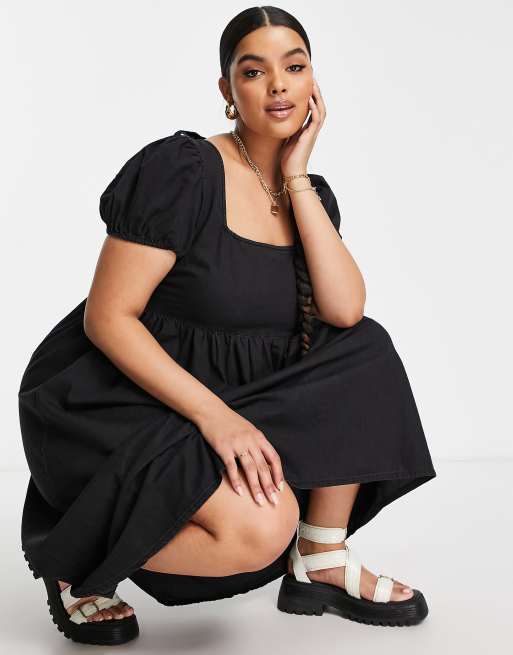 ASOS DESIGN Curve Babydoll Midikleid aus weichem Denim in verwaschenem Schwarz ASOS