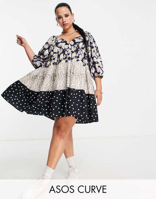 ASOS DESIGN Curve - Babydoll mini jurk met stroken en gemixte print