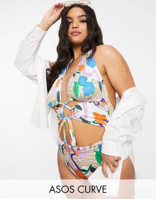 ASOS DESIGN Curve - Badeanzug mit Schnürung in floralem Wirbeldruck-Bunt