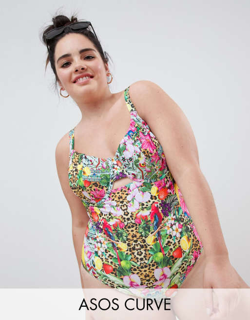 ASOS DESIGN Curve Badpak met beugel in Festival tropische print