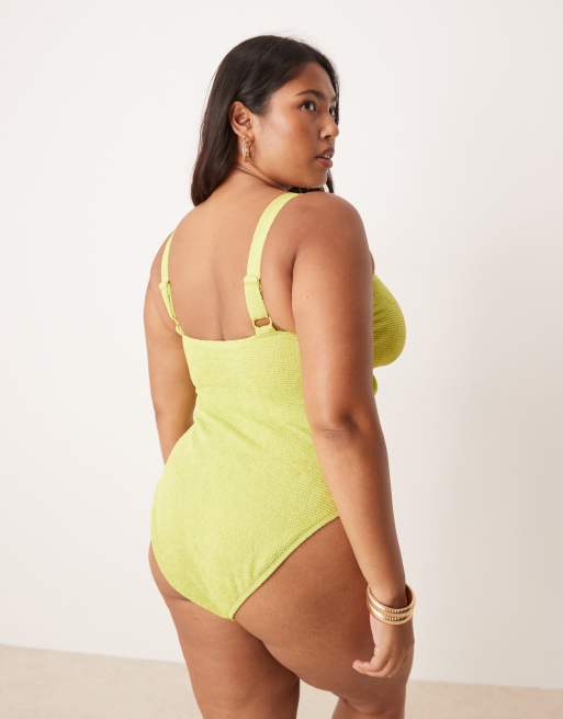 ASOS DESIGN - Curve - Badpak met textuur en ring met kralen in fel chartreuse, 2 van 4