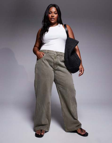 ASOS DESIGN Curve – Baggy-Jeans in Khaki mit niedrigem Bund - view 1