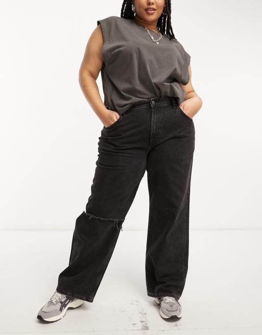 ASOS DESIGN Curve baggy jeans in washed black with knee rips