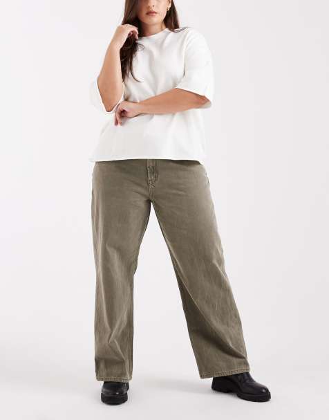 ASOS DESIGN Curve - Baggy jeans met lage taille in kaki - view 1