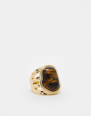 ASOS DESIGN Curve ring with real semi precious tigers eye stone with molten design in gold tone - ASOS Price Checker