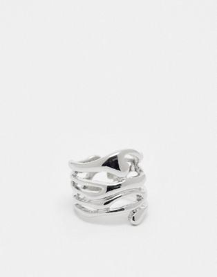 ASOS DESIGN Curve ring with stacked molten design in silver tone - ASOS Price Checker