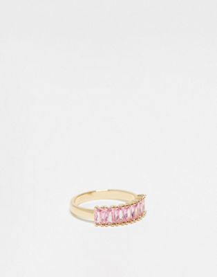 ASOS DESIGN Curve baguette ring with cubic zirconia pink crystals in gold tone
