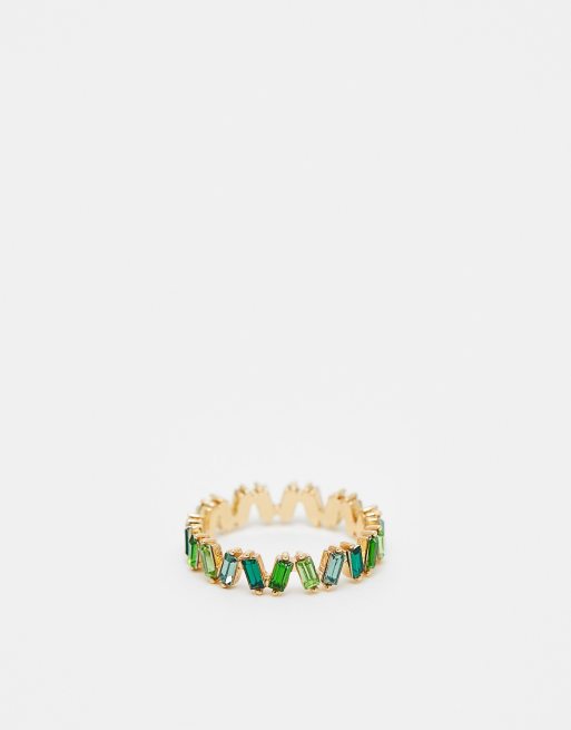  ASOS DESIGN Curve baguette ring with tonal green stones in gold tone