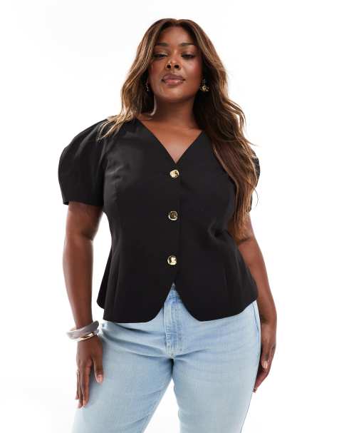 ASOS DESIGN Curve balloon short sleeve moulded hip blazer in black - view 1