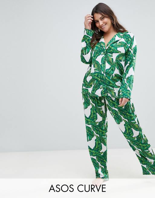 ASOS DESIGN Curve banana leaf 100 modal traditional shirt trouser pyjama set